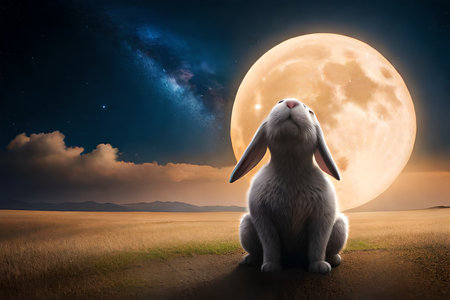 Rabbit sitting on the road against full moon in the night skyの素材