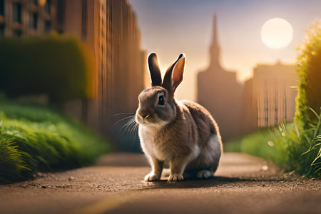 Rabbit on the street in the city at sunset. Easter concept.の素材