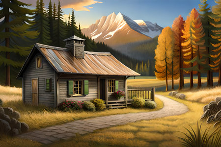 Wooden cottage in the autumn forest. 3d render illustration.の素材