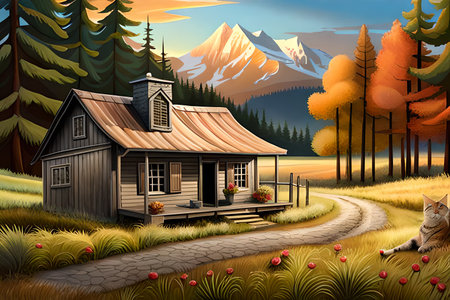 Wooden house in the mountains. Cartoon style. Vector illustration.の素材