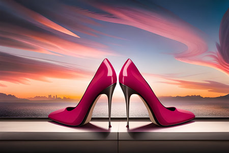 High heel women shoes on table with sea and sunset sky background.の素材