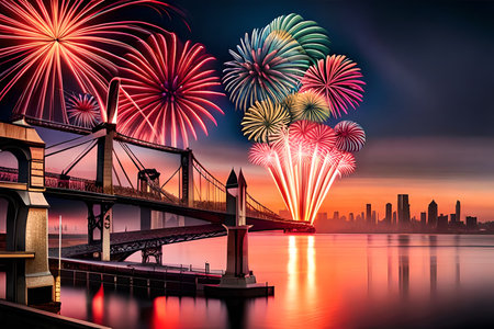 Celebratory firework over New York City skyline with Brooklyn Bridge.の素材