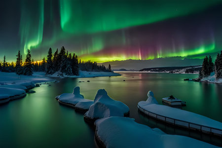 Aurora borealis, northern lights over fjord in norwayの素材