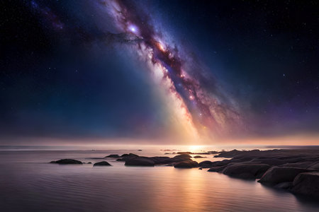 Milky Way over the sea and rocks in the foreground. 3d renderingの素材