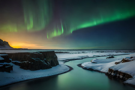 Aurora borealis, Northern lights over fjord in winter, Icelandの素材