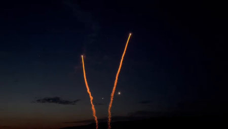 Aerial view of a group of rockets in the night sky.の写真素材