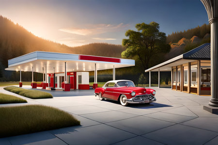 3D rendering of a gas station with a red car in the foregroundの素材