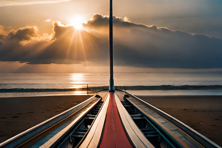 Sunset on the beach with cable car leading to the sea.の素材