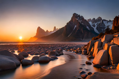 Beautiful sunrise at Torres del Paine National Park, Patagonia, Chileの素材