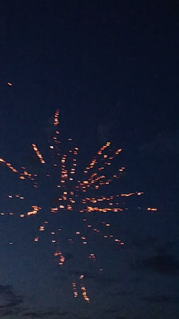 Fireworks in the night sky, as seen from the ground.の写真素材