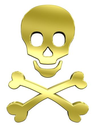 Shiny gold skull and crossbones isolated on white. Computer generated 3D photo rendering. の写真素材