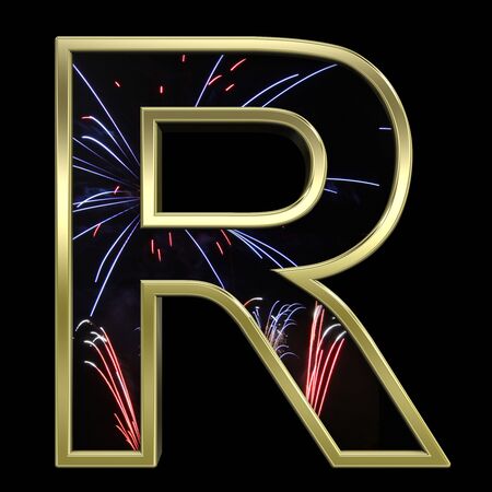 One letter from firework with gold frame alphabet set, isolated on white. Computer generated 3D photo rendering.の写真素材