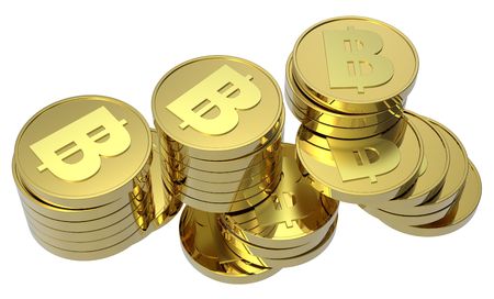Stacks of gold coins isolated on a white background. Computer generated 3D photo rendering. の写真素材