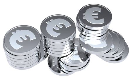 Stacks of silver coins isolated on a white background. Computer generated 3D photo rendering. の写真素材