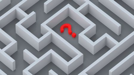 Maze and red question mark concept. Computer generated 3D photo rendering.の写真素材