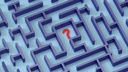 Maze and red question mark concept. Computer generated 3D photo rendering.の写真素材