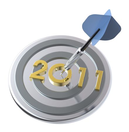 Dart hitting target - New Year 2011. Computer generated 3D photo rendering.
