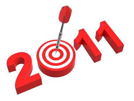 Dart hitting target - New Year 2011 isolated on white. Computer generated 3D photo rendering.