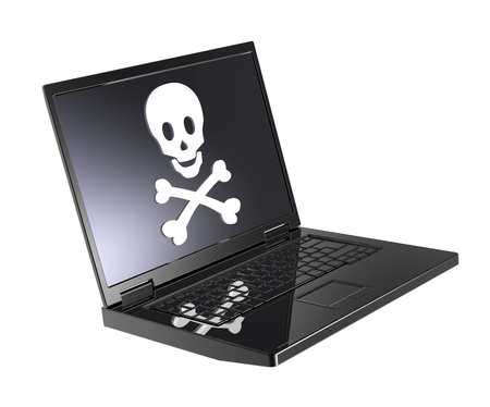 Skull and crossbones on the laptop screen. The danger of the Internet - hackers, viruses, addiction. Computer generated 3D photo renderingの写真素材