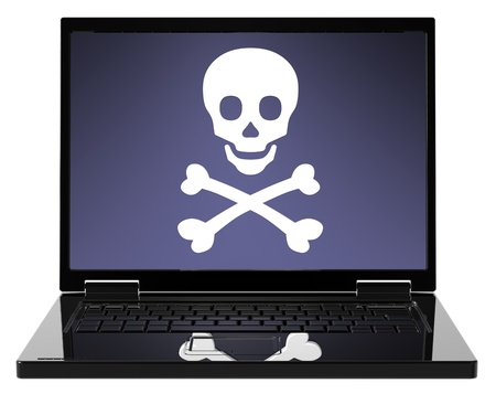 Skull and crossbones on the laptop screen. The danger of the Internet - hackers, viruses, addiction. Computer generated 3D photo renderingの写真素材