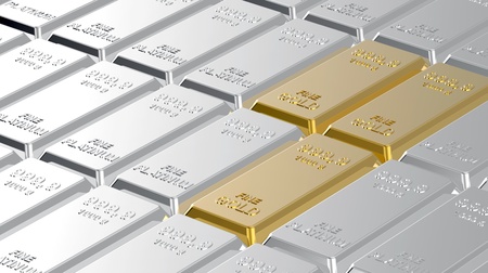 Gold and platinum ingots. Computer generated 3D photo rendering.の写真素材