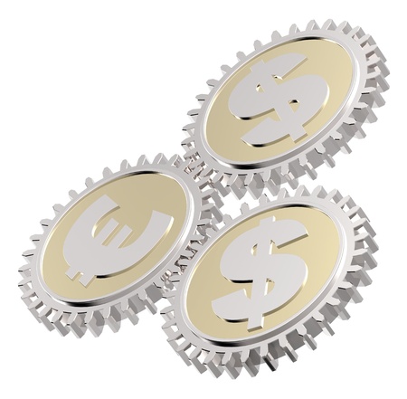 Linked gear with a dollar and euro sign. Computer generated 3D photo rendering.の写真素材