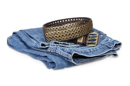 Blue jeans and leather belt isolated over white の写真素材