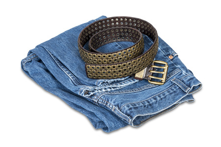 Blue jeans and leather belt isolated over white の写真素材
