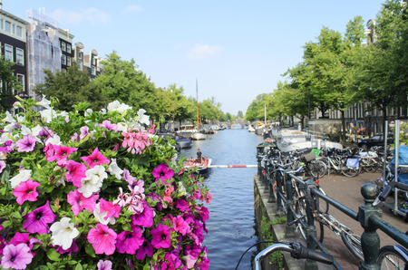 Flowers with bicycles and a canal in the background in Amsterdam, The Netherlandsの写真素材