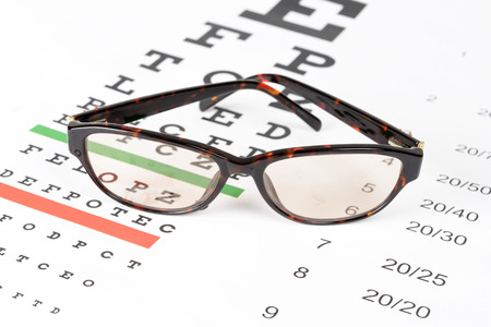 Prescription sunglasses on the eye chart background.の写真素材