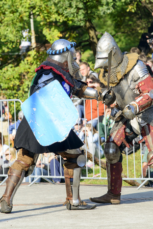 Enthusiasts of the old knights show their costumes and skills in a duel at the Cultural Center Castle - Lesnica on 5 October 2014 in Wroclaw, Poland.のeditorial素材