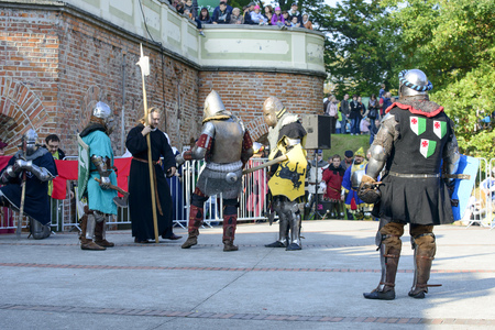 Enthusiasts of the old knights show their costumes and skills in a duel at the Cultural Center Castle - Lesnica on 5 October 2014 in Wroclaw, Poland.のeditorial素材