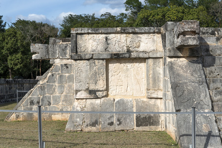 Relief on the wall of the archaeological complex Chichen Itza, one of the most visited sites in Mexico.の写真素材
