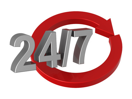24 hours a day and 7 days a week sign isolated over white. Computer generated 3D photo rendering.