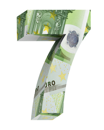 Number from euro bill alphabet set isolated over white. Computer generated 3D photo rendering.