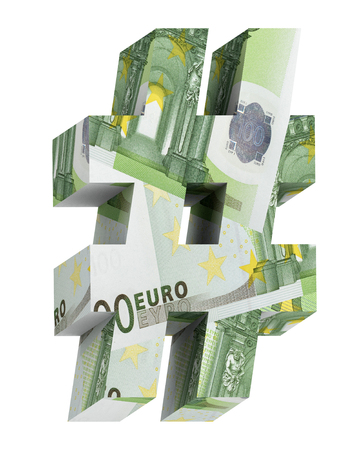 Number sign from euro bill alphabet set isolated over white. Computer generated 3D photo rendering.の写真素材