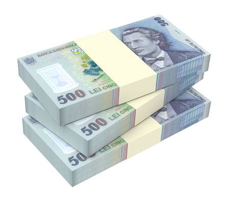 Romanian currency isolated on white background. Computer generated 3D photo rendering.の写真素材