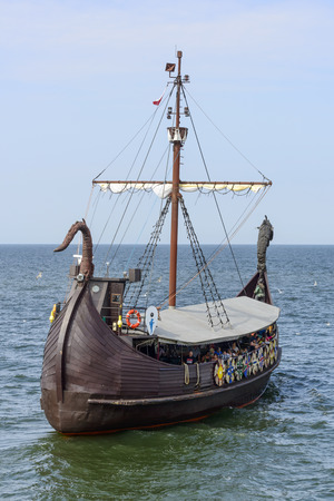 Touristic ship "VIKING III" on the Baltic sea near the pier on 16 August 2015 in Miedzyzdroje, Poland. This is a copy of the galleon and is used for tourist trips on the sea.のeditorial素材