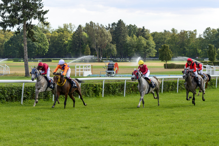 Race for 3-year-old Arabian horse group II, on 5 September 2015 in Wroclaw, Poland. The winner of the first race this horse Empera No. 7 The Jockey A. Tokarekのeditorial素材