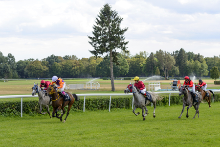 Race for 3-year-old Arabian horse group II, on 5 September 2015 in Wroclaw, Poland. The winner of the first race this horse Empera No. 7 The Jockey A. Tokarekのeditorial素材