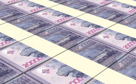 Kazakhstan tenge bills stacked background. Computer generated 3D photo rendering.