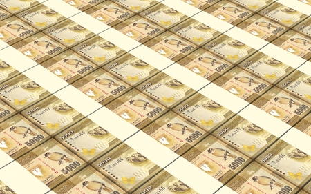 Sri Lankan bills stacked background. Computer generated 3D photo rendering.