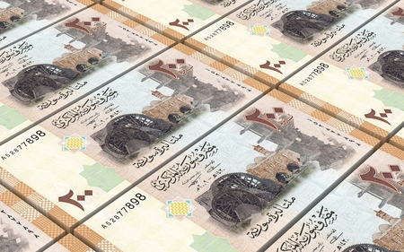 Syrian pounds bills stacked background. Computer generated 3D photo rendering.