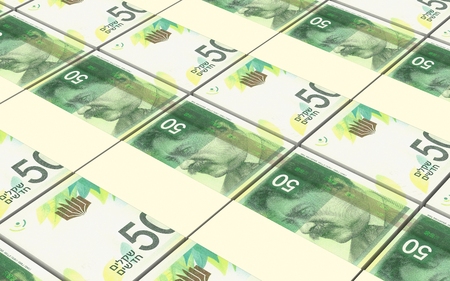 Israeli Shekel bills stacked background. Computer generated 3D photo rendering.