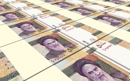 Iranian rials bills stacked background. Computer generated 3D photo rendering.