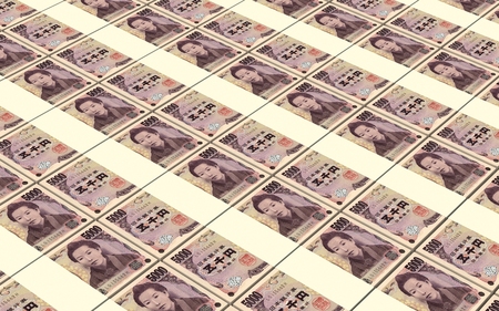 Japanese yen bills stacked background. Computer generated 3D photo rendering.の写真素材