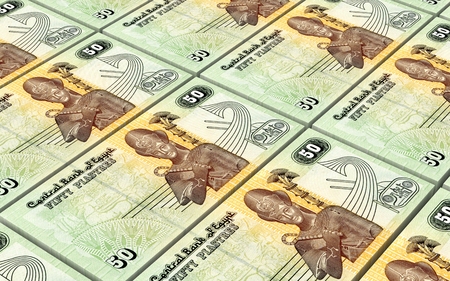 Egyptian piastre bills stacked background. Computer generated 3D photo rendering.