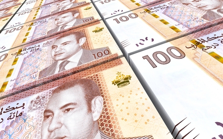 Moroccan dirhams bills stacked background. Computer generated 3D photo rendering.