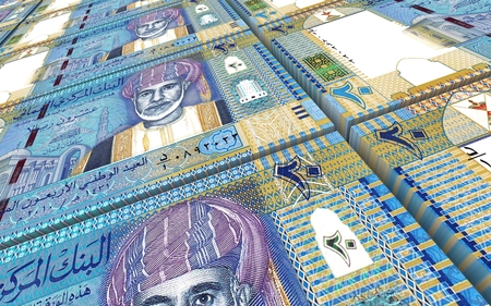 Omani rials bills stacked background. Computer generated 3D photo rendering.