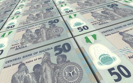 Nigerian nairas bills stacked background. Computer generated 3D photo rendering.